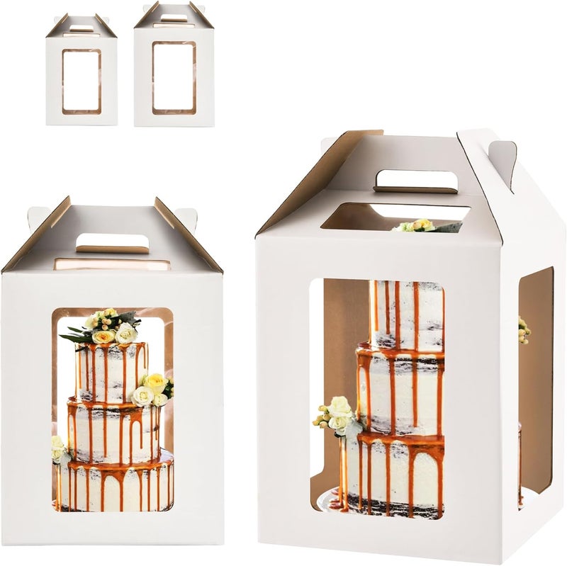 WINHPH صندوق كعكة طويل مع نوافذ، 10x10x12 و 12x12x14 بوصة، صناديق كعكة كبيرة متعددة الطبقات، مجموعة حاملة كعكة لحفظ كعكات 10 و 12 بوصة، بيضاء، عبوة 2 - Image 1